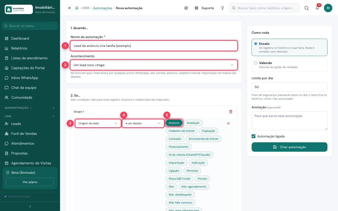 Nova automação com nome, acontecimento, campo da condição, operador e origem Anúncio marcados