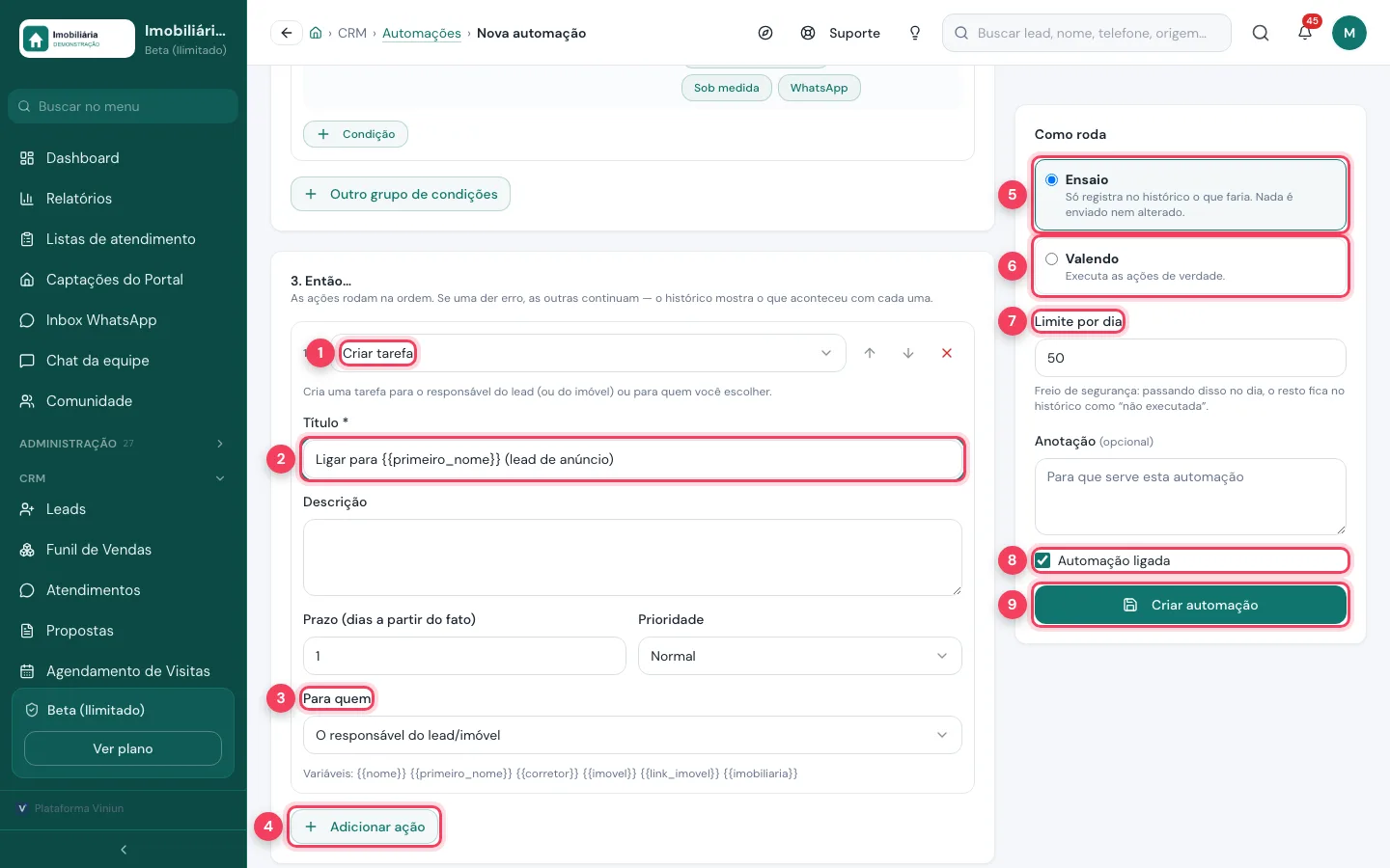 Ações da automação com Criar tarefa, título, para quem, Adicionar ação, Ensaio, Valendo, limite, ligada e Criar automação marcados