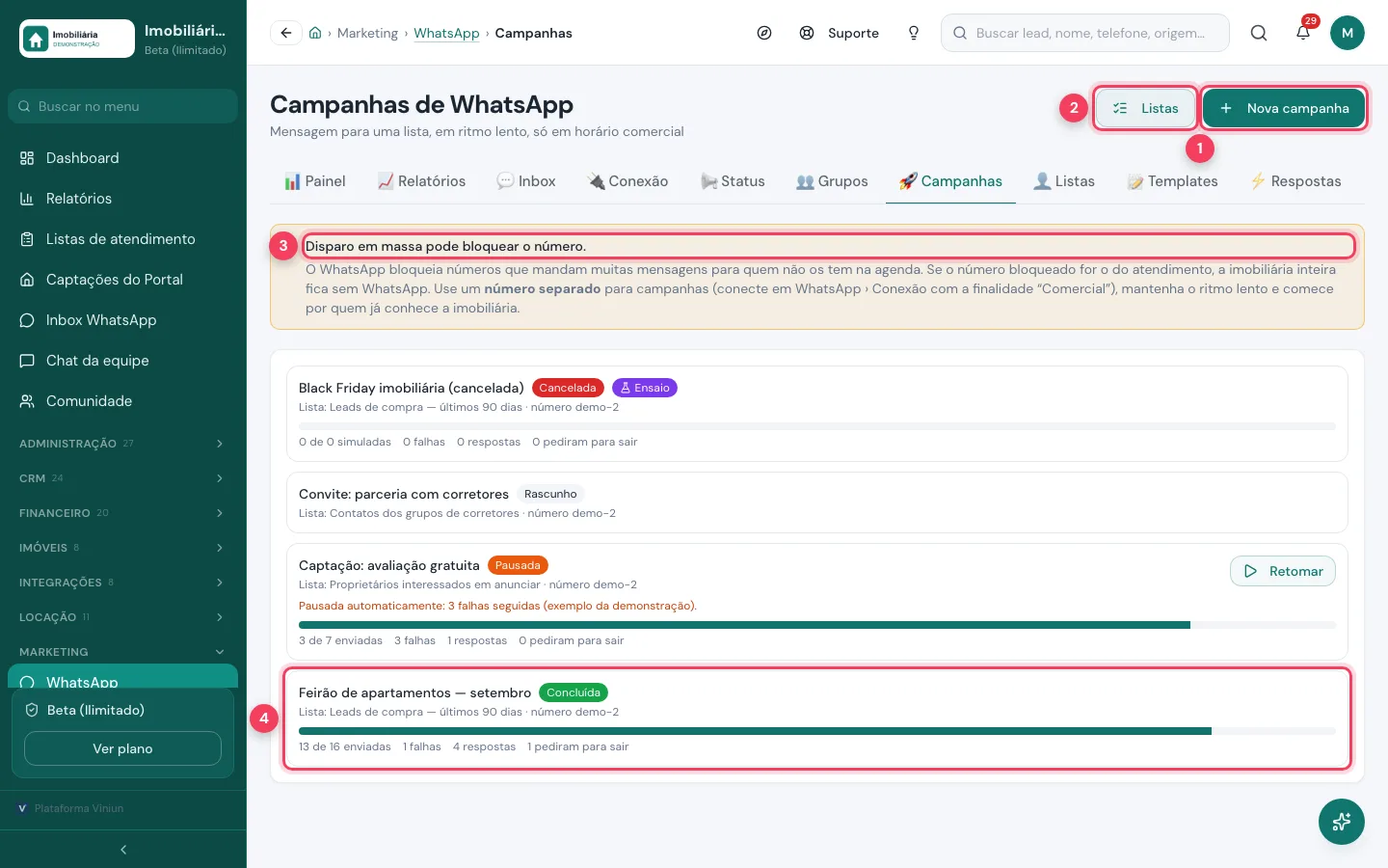 Tela Campanhas de WhatsApp com aviso de bloqueio e lista de campanhas
