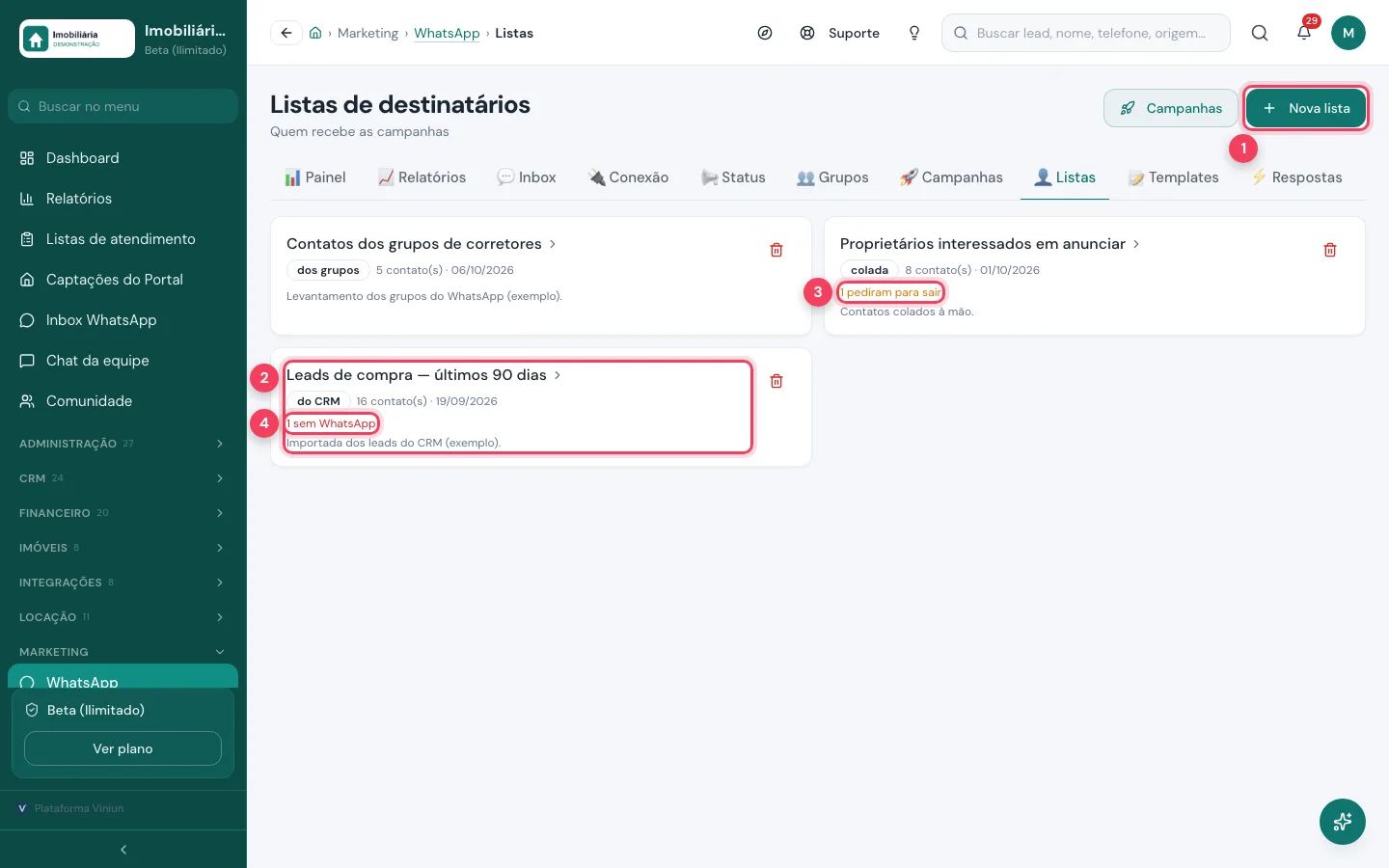 Tela Listas de destinatários com três listas de exemplo