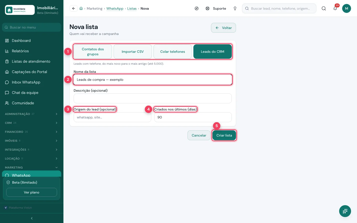 Tela Nova lista com a origem Leads do CRM selecionada