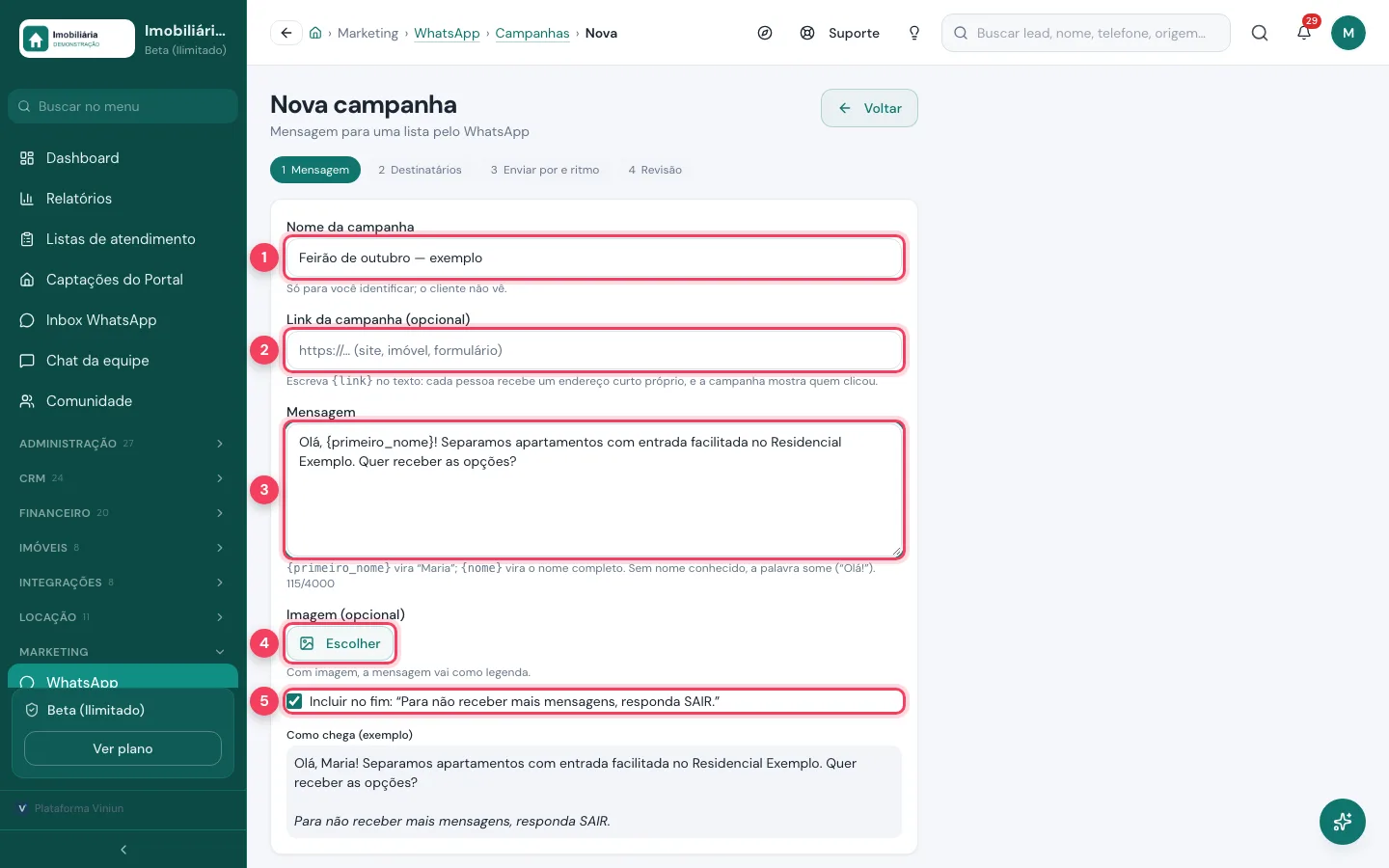 Etapa Mensagem da nova campanha com nome, link, texto e imagem