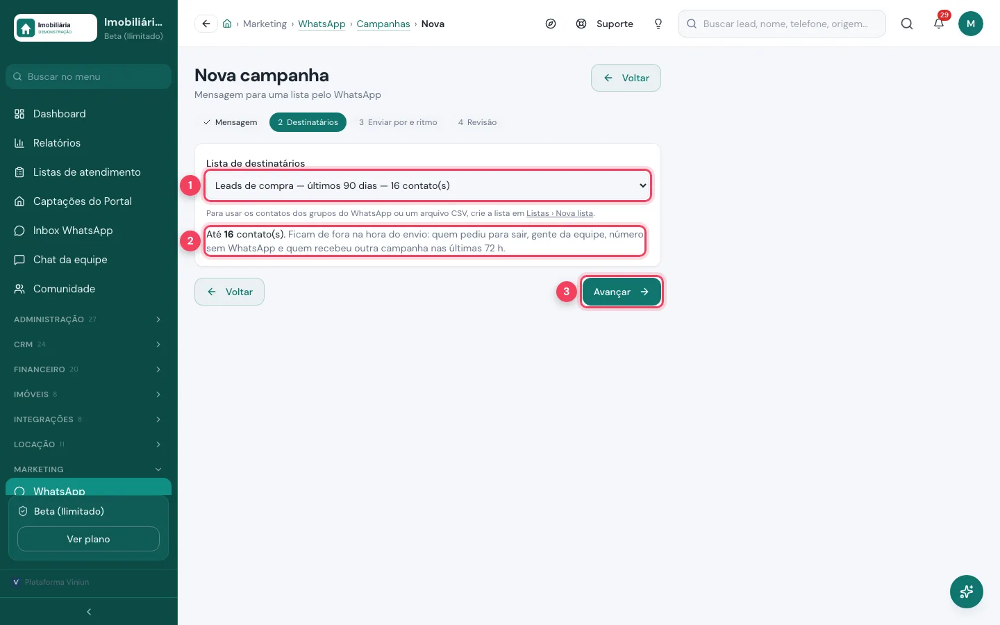 Etapa Destinatários com a lista escolhida
