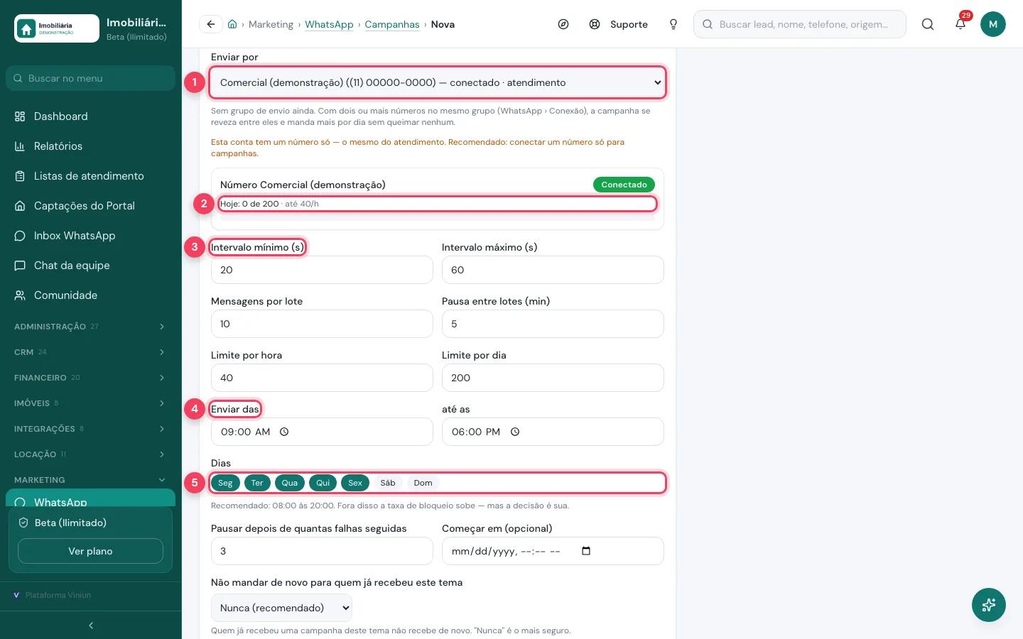 Etapa Enviar por e ritmo com número, intervalos, horário e dias