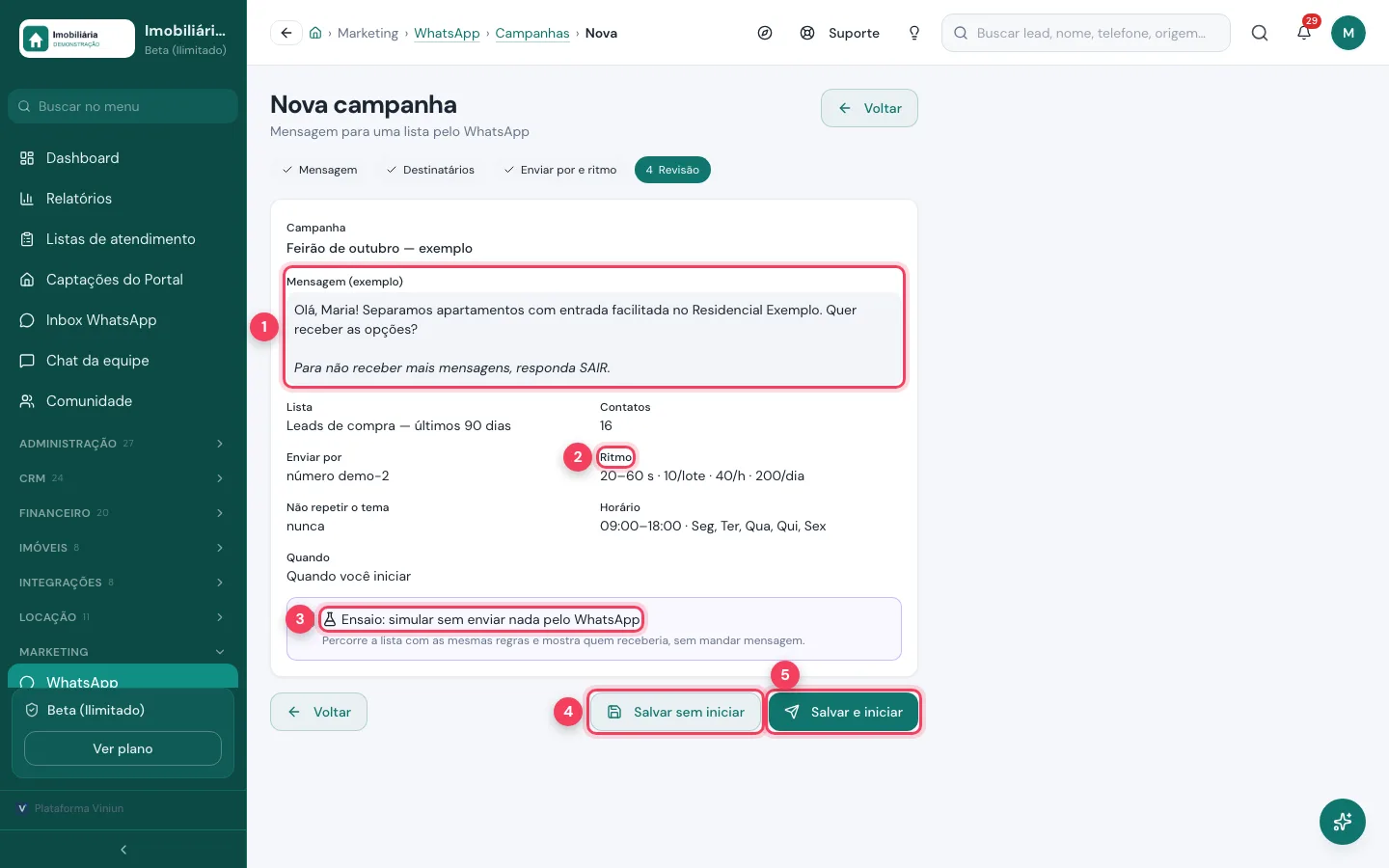 Etapa Revisão com ensaio e os botões Salvar sem iniciar e Salvar e iniciar