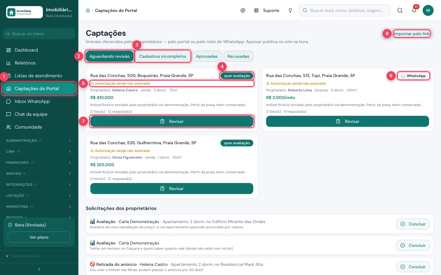 Tela Captações da Viniun com o menu, as abas, as etiquetas quer avaliação e WhatsApp, o aviso de autorização, o botão Revisar e Importar pelo link marcados
