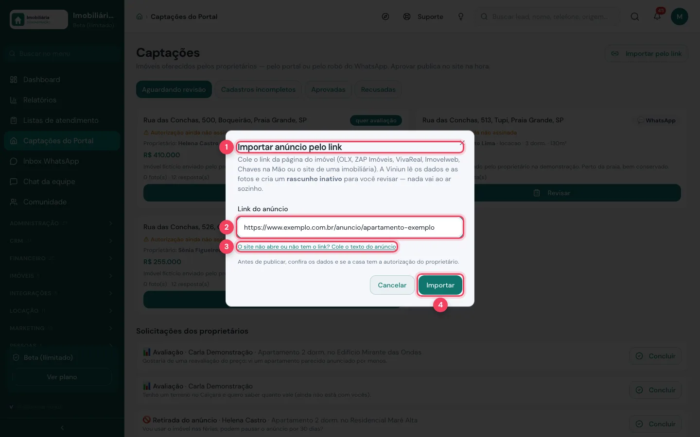 Janela Importar anúncio pelo link com o campo do link, a opção de colar o texto e o botão Importar marcados