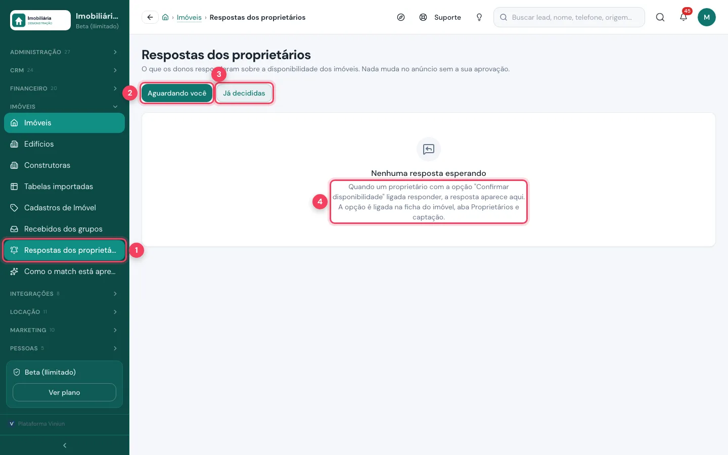 Tela Respostas dos proprietários com o menu, as abas Aguardando você e Já decididas e a explicação marcados