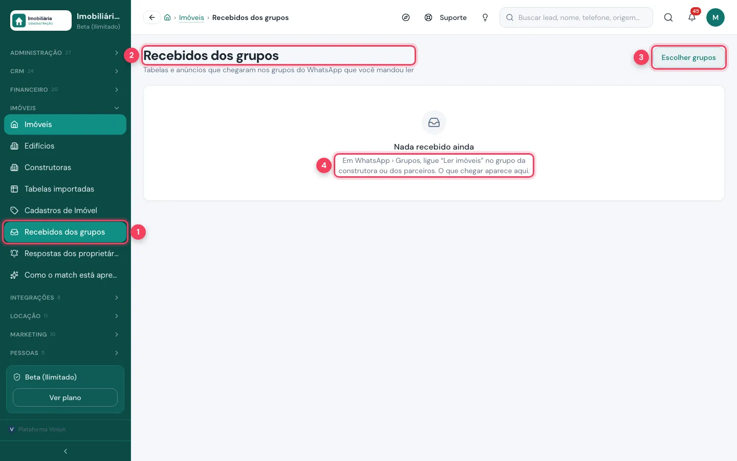 Tela Recebidos dos grupos com o menu, o título, o botão Escolher grupos e a explicação marcados