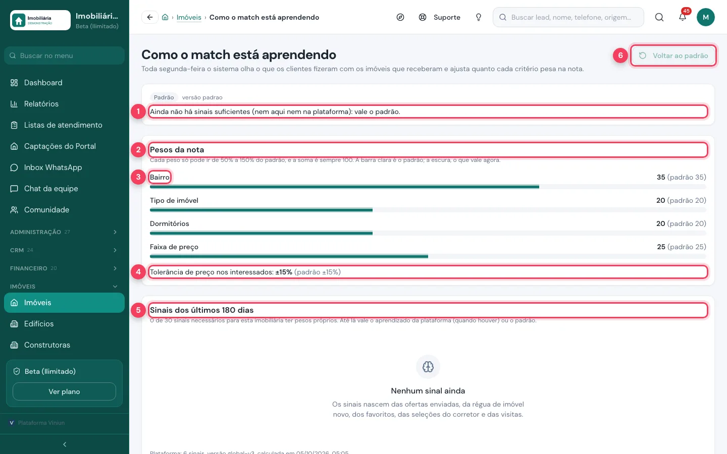 Tela Como o match está aprendendo com a situação, os pesos da nota, o critério Bairro, a tolerância de preço, os sinais e Voltar ao padrão marcados