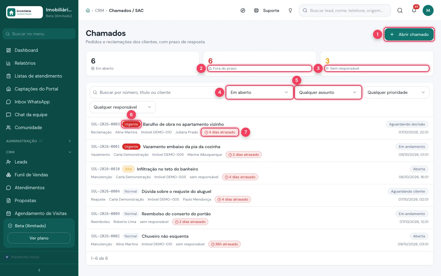 Lista de chamados com Abrir chamado, contadores fora do prazo e sem responsável, filtros, prioridade e prazo atrasado marcados