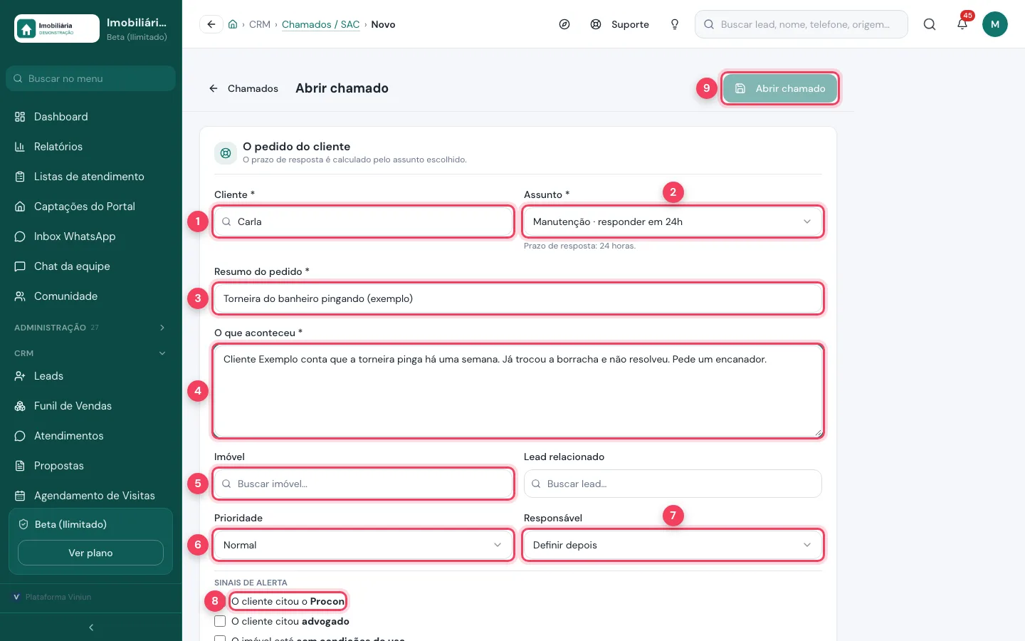 Formulário Abrir chamado com cliente, assunto, resumo, o que aconteceu, imóvel, prioridade, responsável, sinais de alerta e botão marcados