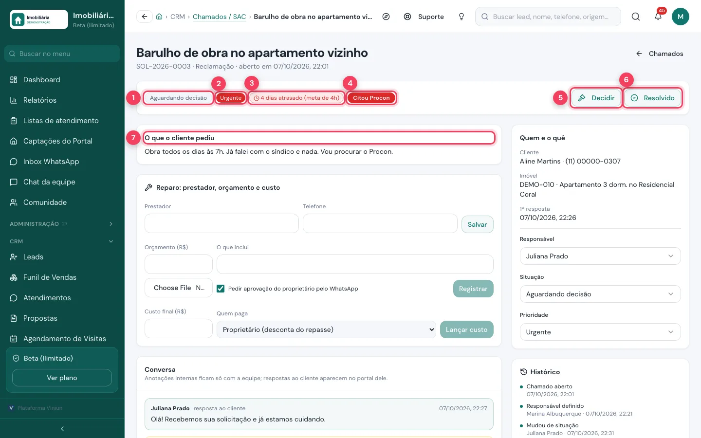 Chamado com situação, prioridade, prazo, alerta de Procon, Decidir, Resolvido e pedido do cliente marcados