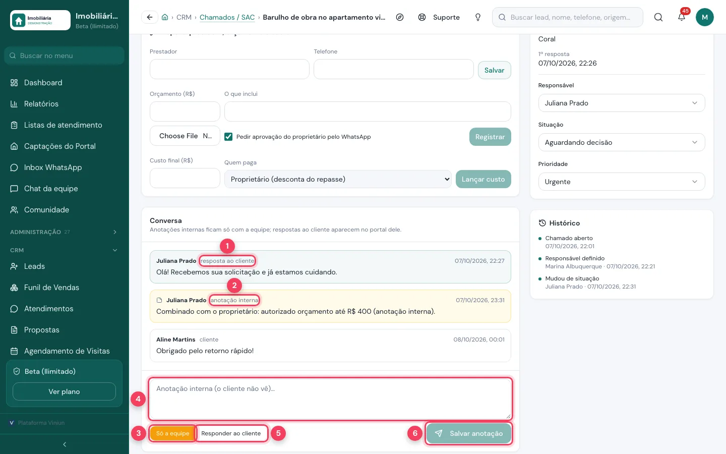 Conversa do chamado com resposta ao cliente, anotação interna, campo de texto e botões Só a equipe, Responder ao cliente e Salvar anotação marcados