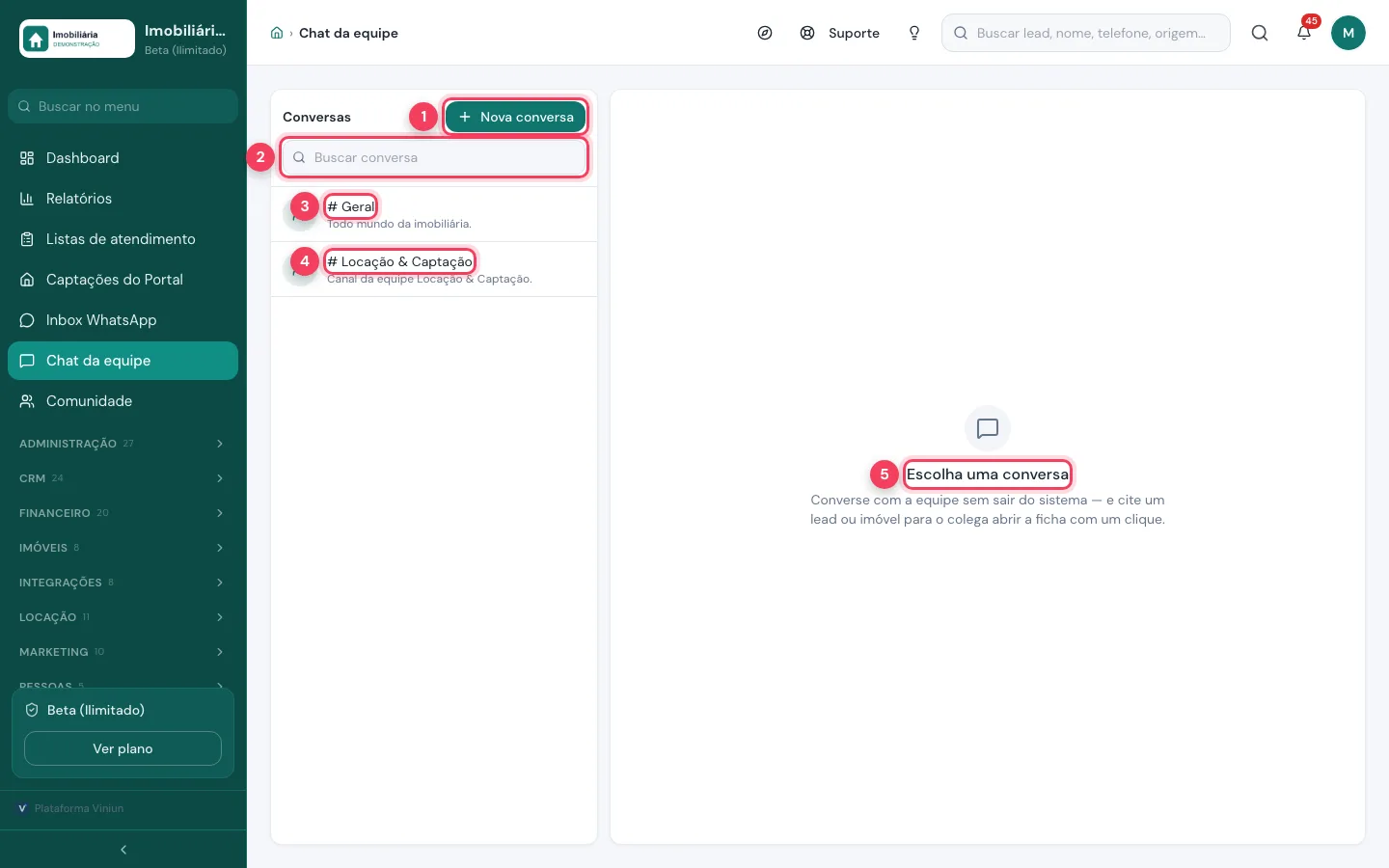Tela do chat da equipe com a lista de conversas e os canais Geral e da equipe