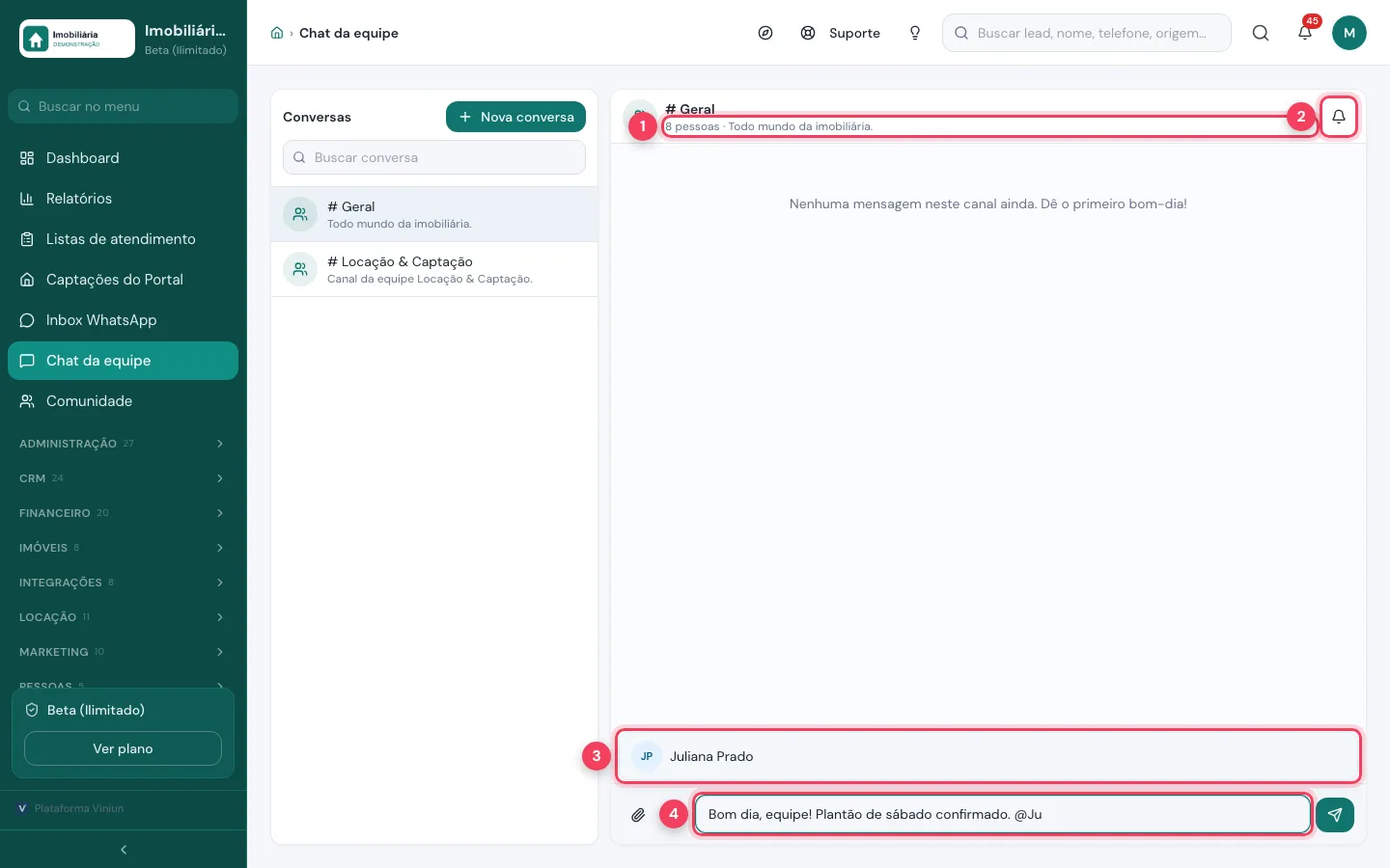 Canal Geral com a lista de colegas sugeridos ao digitar @ na mensagem