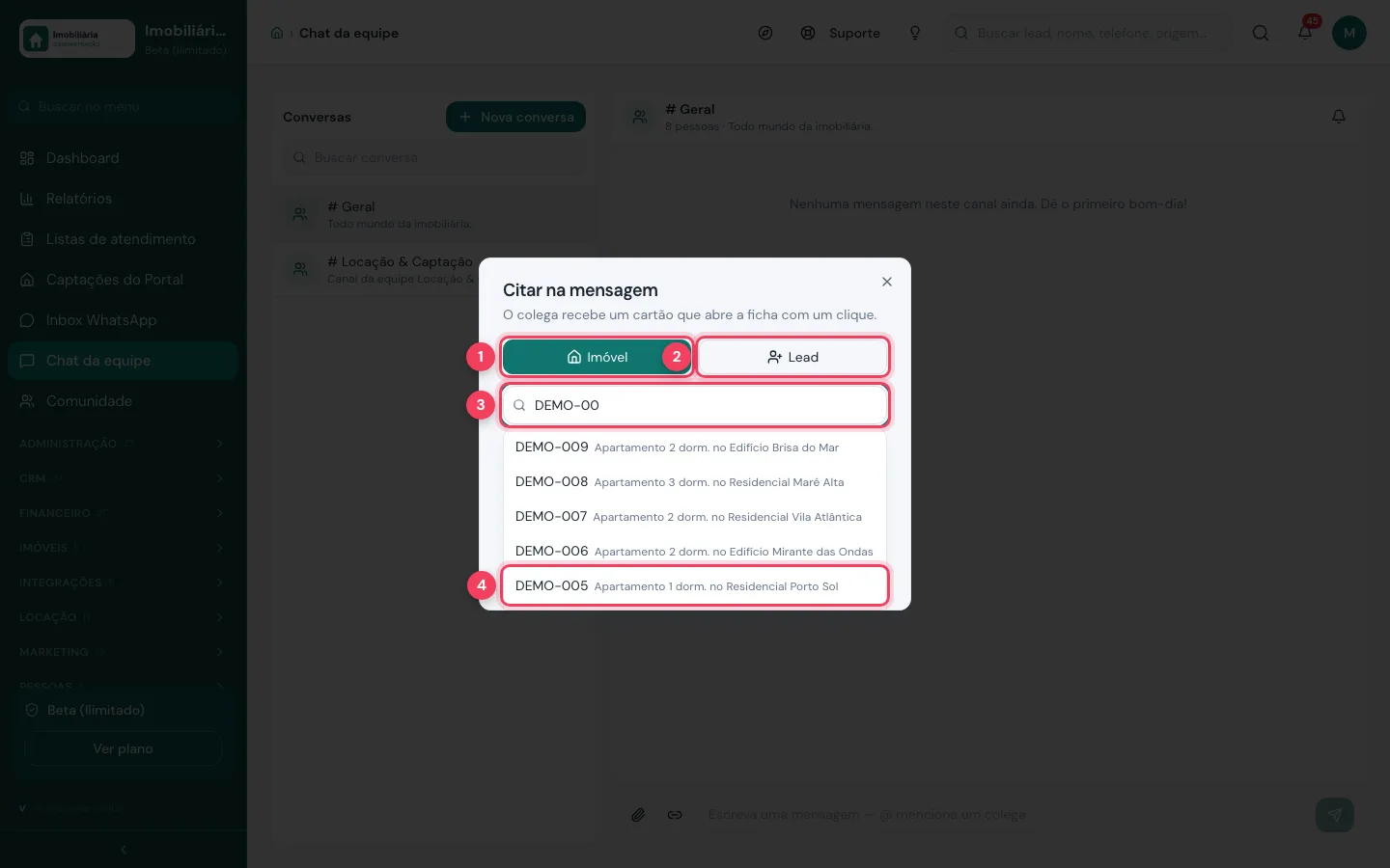 Janela Citar na mensagem com as abas Imóvel e Lead e a busca de imóveis