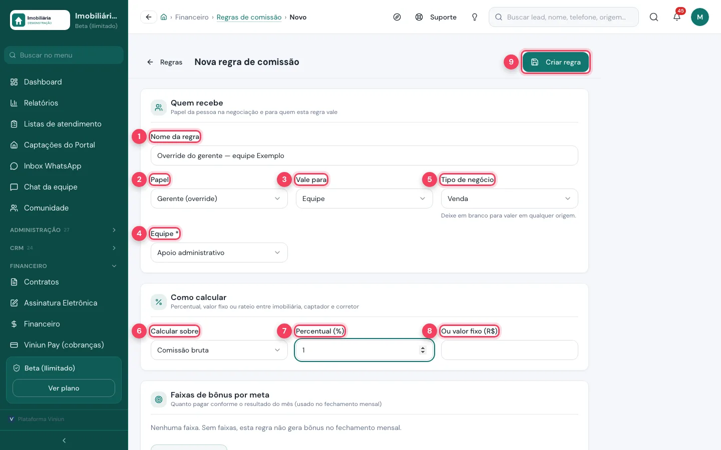 Nova regra de comissão com nome, papel, vale para, equipe, tipo de negócio, base e percentual