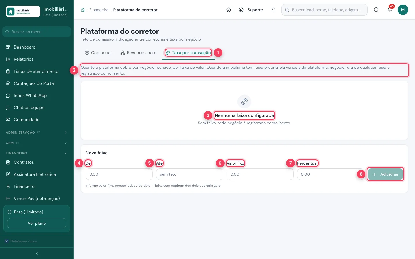 Taxa por transação com faixas de valor, valor fixo, percentual e botão Adicionar