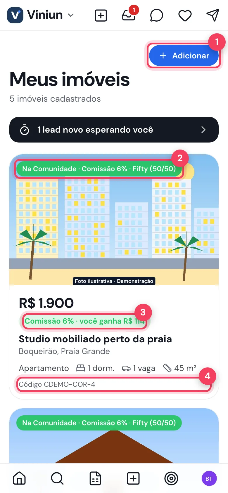 Lista Meus imóveis no celular com botão Adicionar e selo Na Comunidade