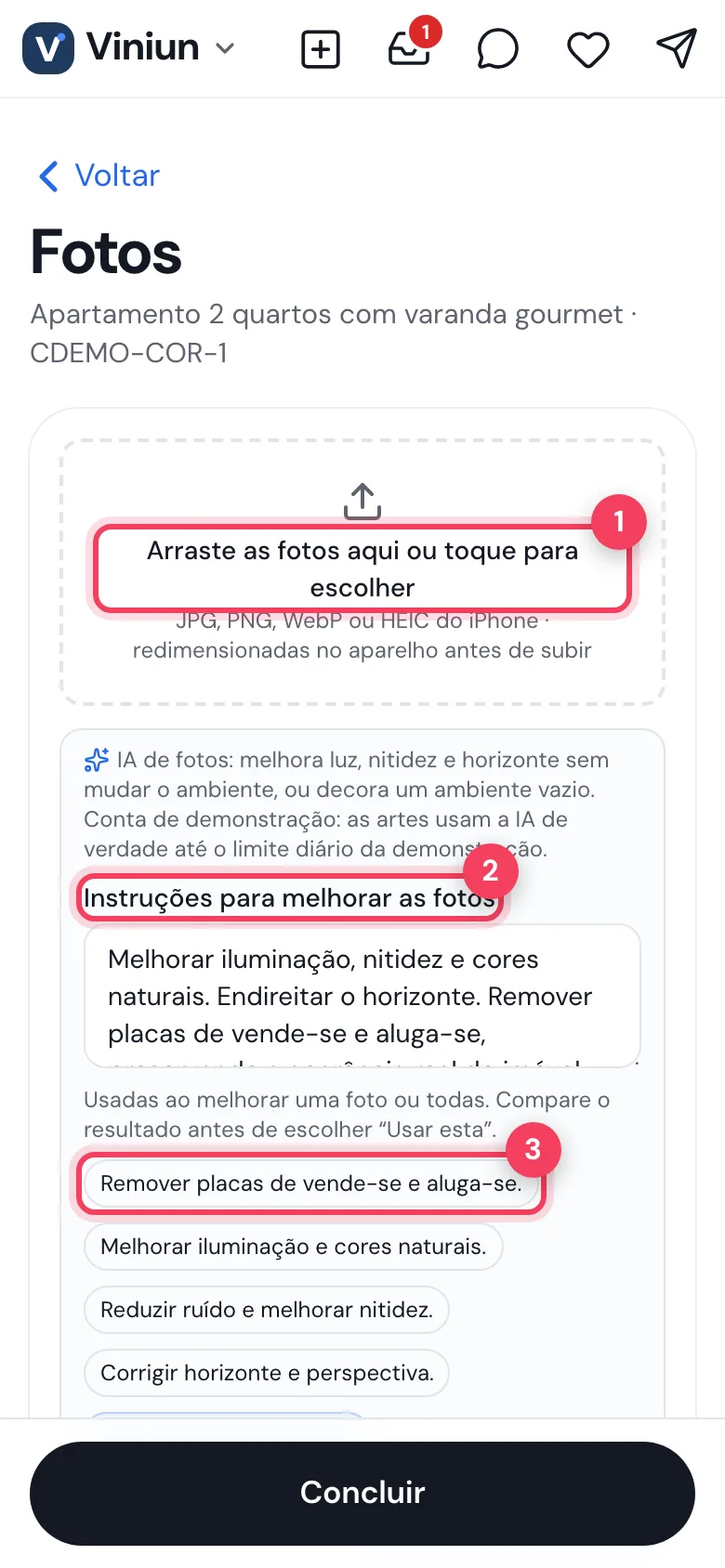 Tela Fotos no celular com área de envio e instruções da IA de fotos