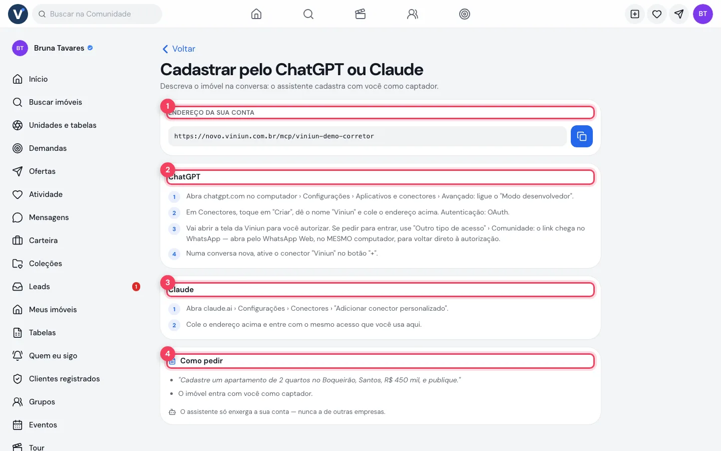Tela Cadastrar pelo ChatGPT ou Claude com o endereço da conta e as instruções