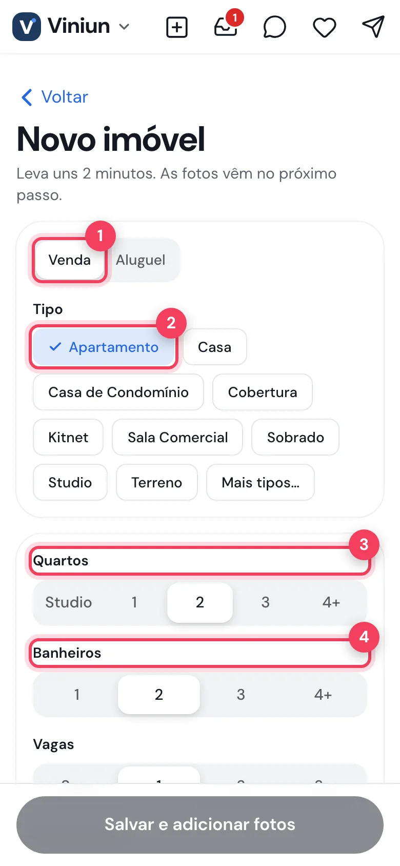 Formulário Novo imóvel com Venda, Apartamento e quantidade de quartos