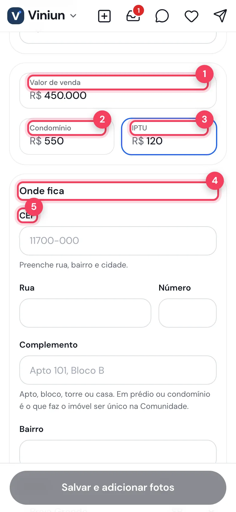 Campos de valor de venda, condomínio, IPTU e CEP do imóvel