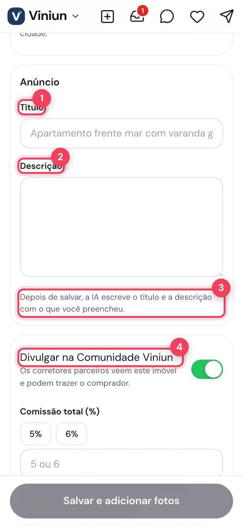 Bloco Anúncio com título, descrição e a chave Divulgar na Comunidade Viniun