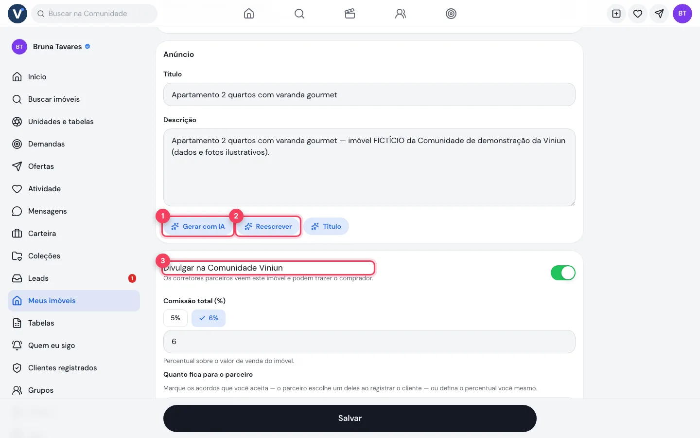 Edição do imóvel no computador com os botões Gerar com IA e Reescrever
