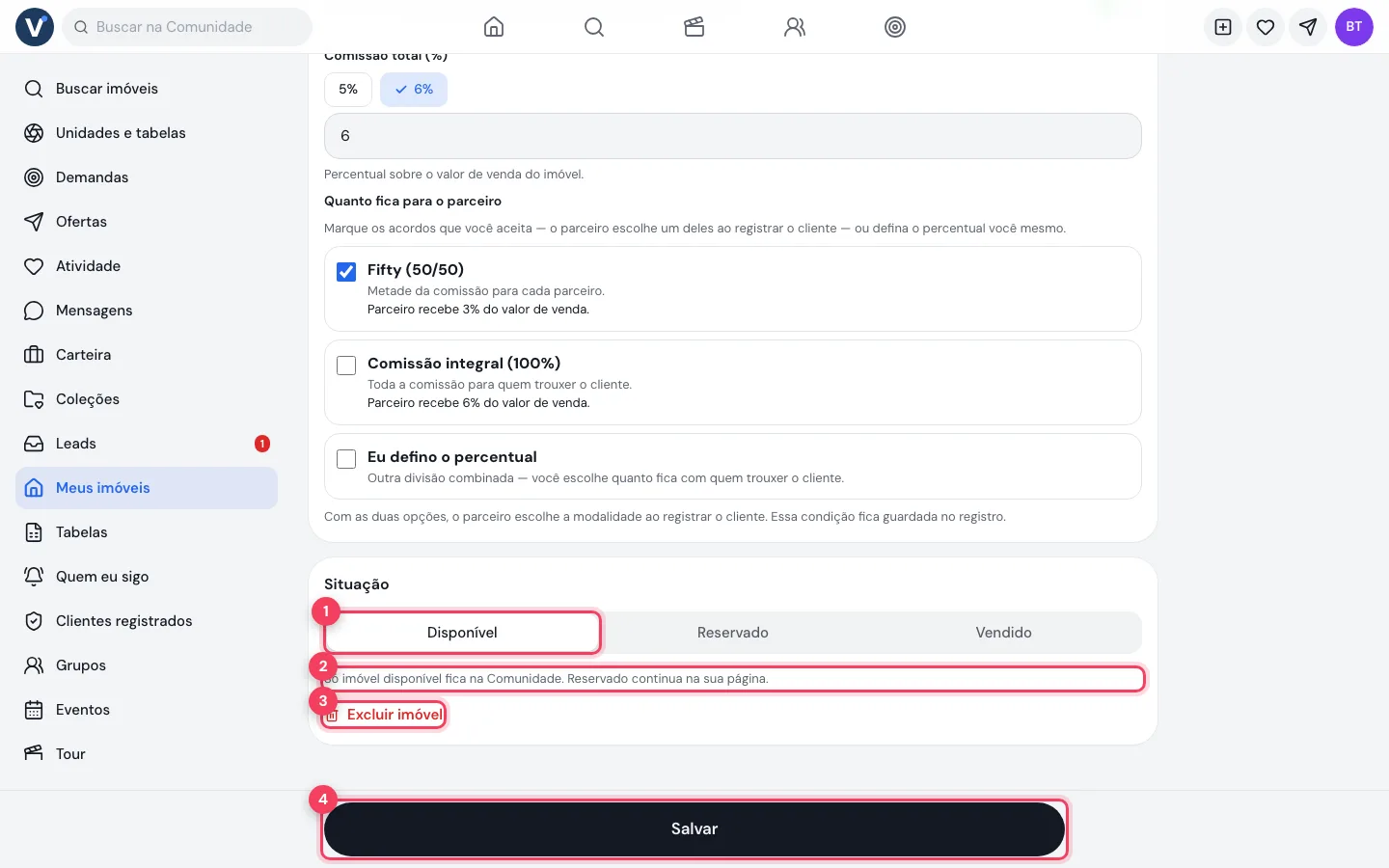 Situação do imóvel com Disponível, Reservado e Vendido e o botão Excluir imóvel