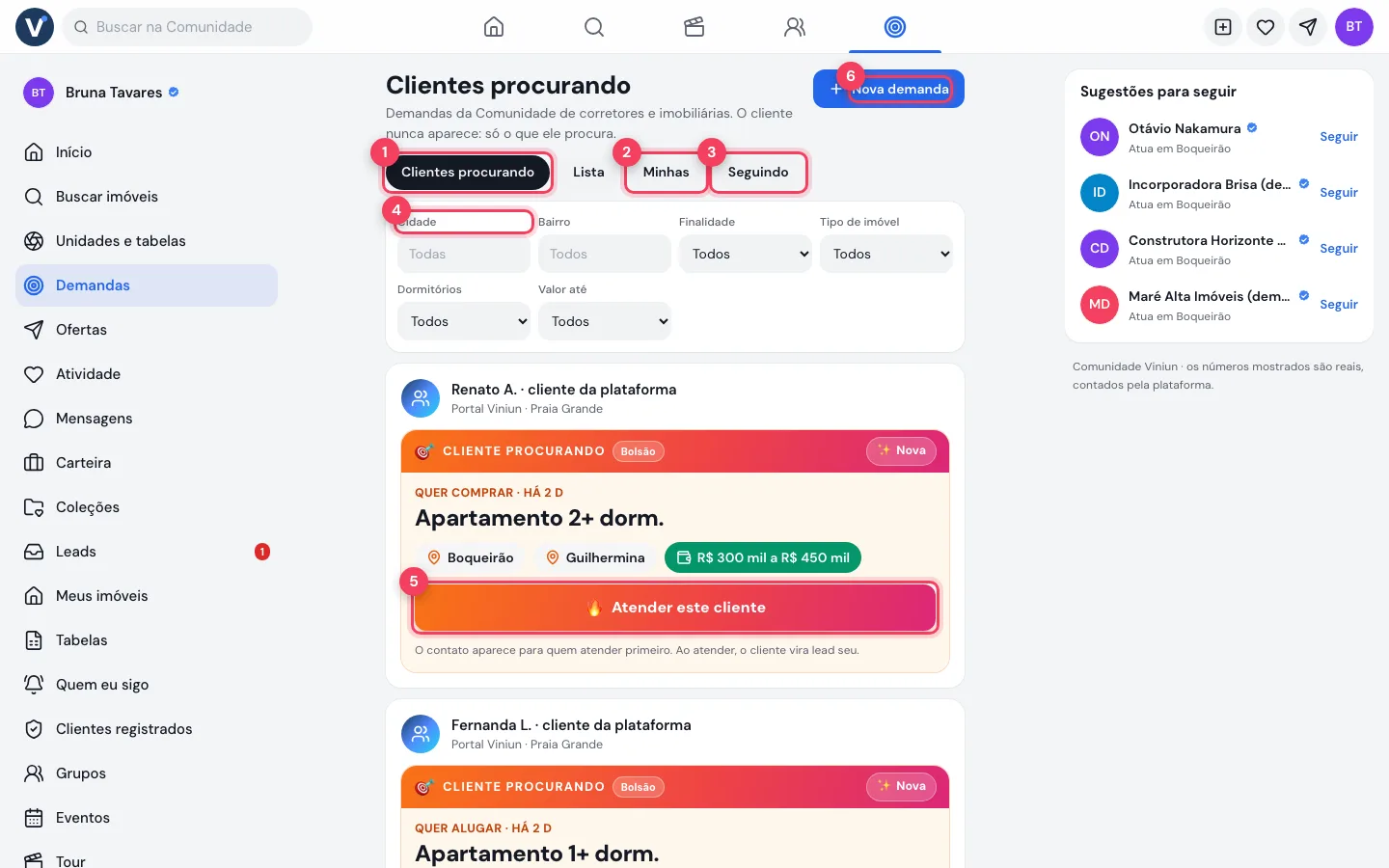 Tela Demandas no computador com abas, filtros, cartão de cliente procurando e botão Nova demanda