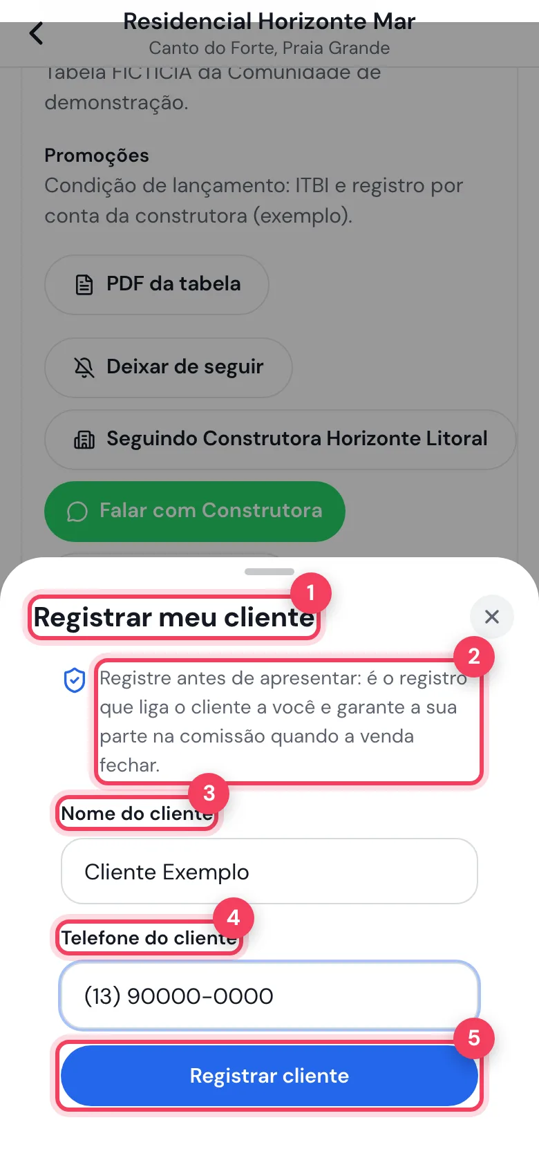 Folha Registrar meu cliente com nome e telefone do cliente e o botão Registrar cliente