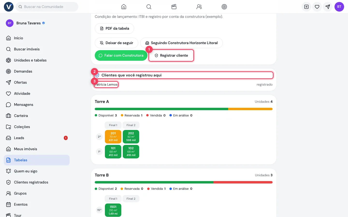 Tabela com o botão Registrar cliente e a lista Clientes que você registrou aqui