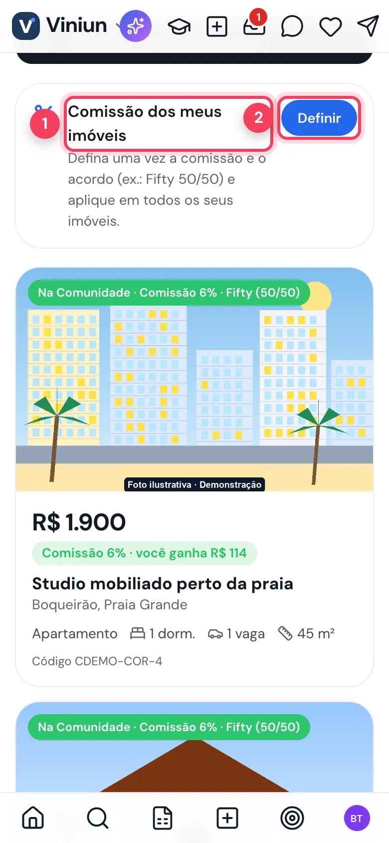 Meus imóveis com o cartão Comissão dos meus imóveis e o botão Definir