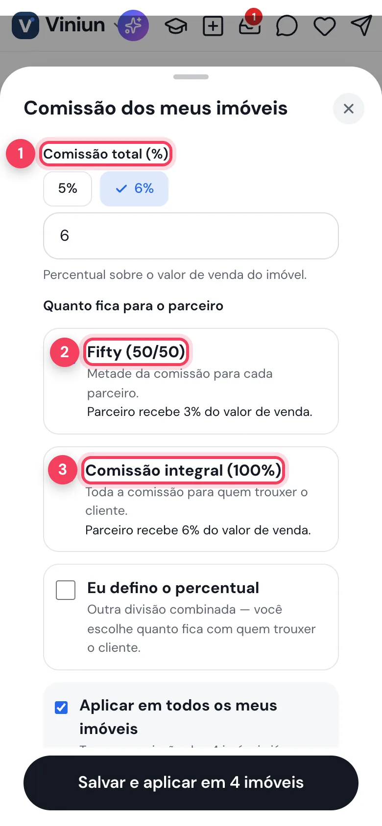 Folha Comissão dos meus imóveis com comissão total de 6% e Fifty 50/50 marcado