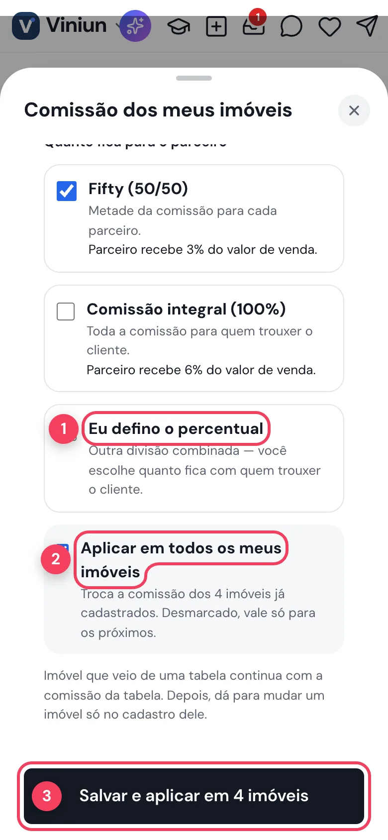 Opção Aplicar em todos os meus imóveis e botão Salvar e aplicar em 4 imóveis