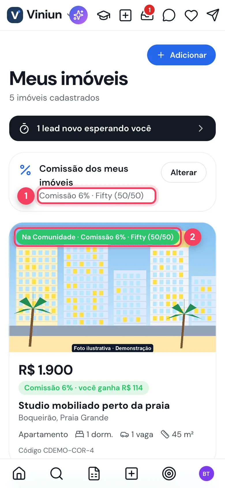 Meus imóveis mostrando Comissão 6% Fifty 50/50 no cartão e em cada imóvel