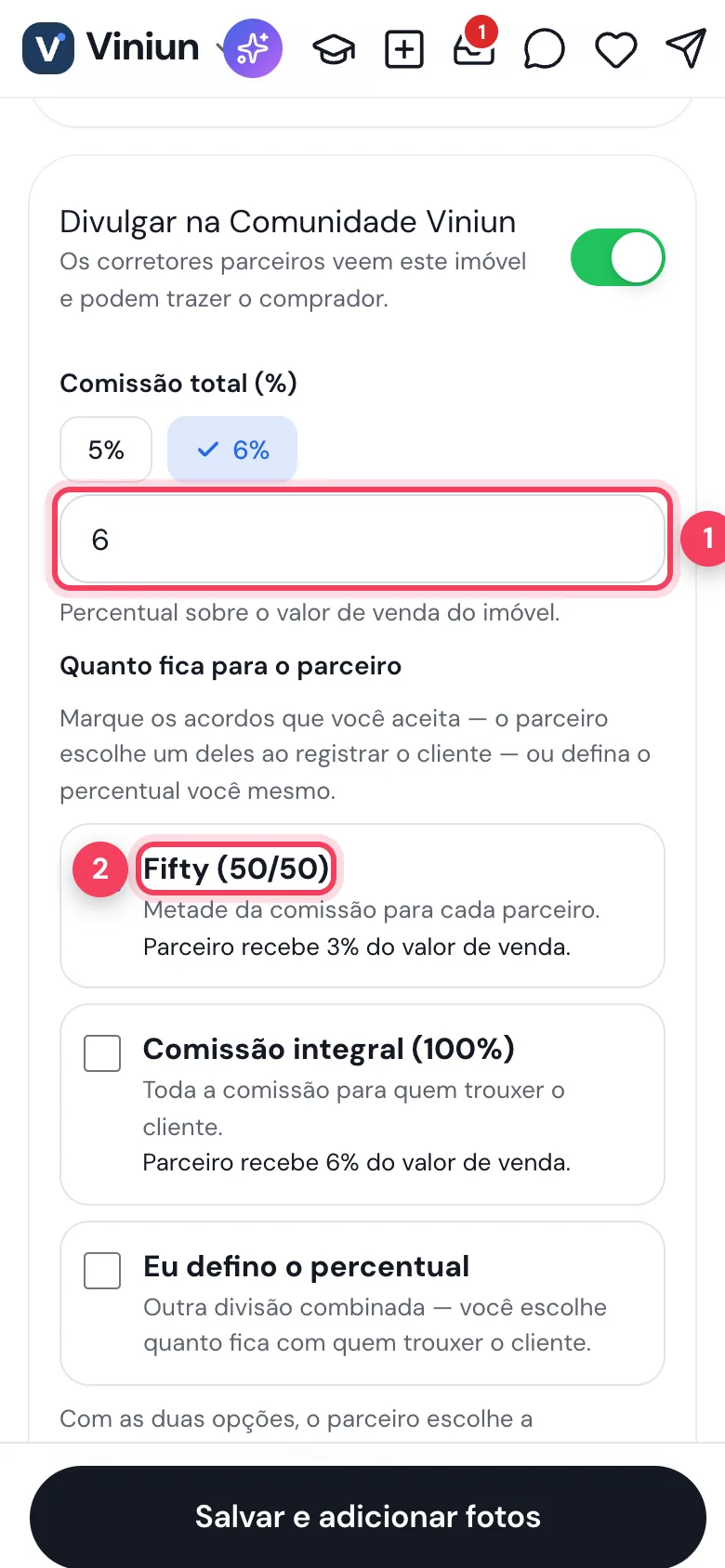 Cadastro de imóvel novo já com comissão de 6% e Fifty 50/50 marcados