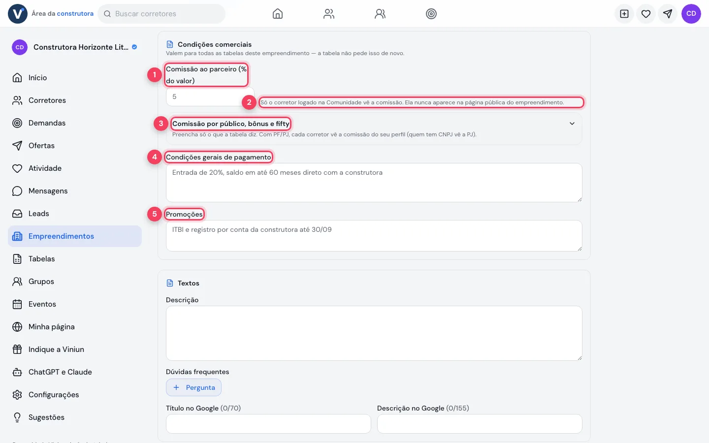 Condições comerciais com comissão ao parceiro