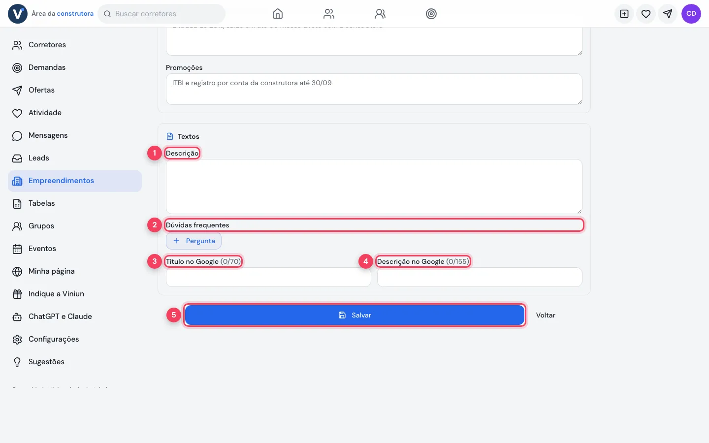 Textos, dúvidas frequentes e Google com o botão Salvar