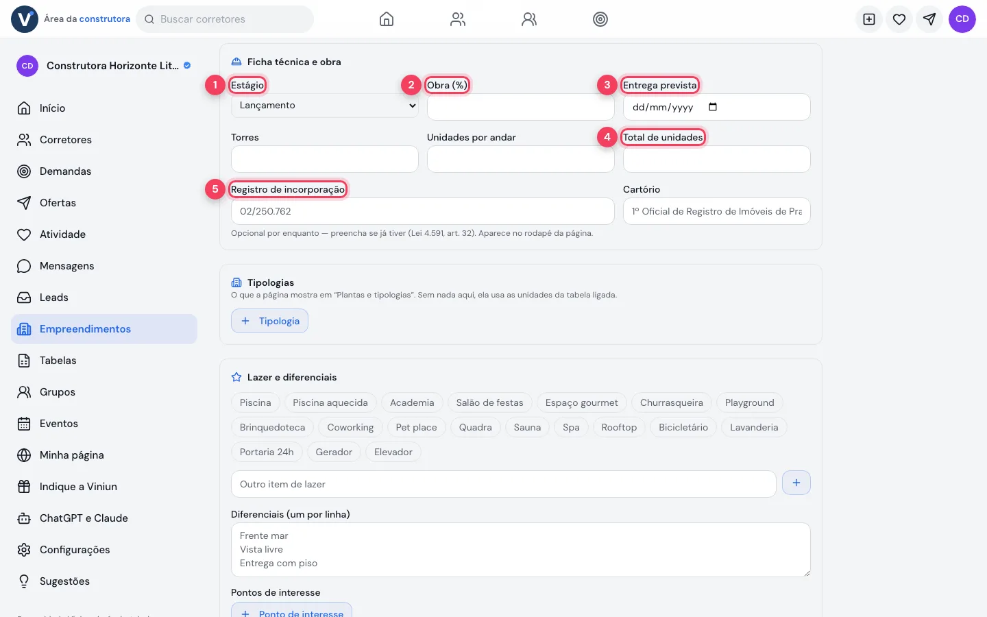 Ficha técnica e obra do empreendimento