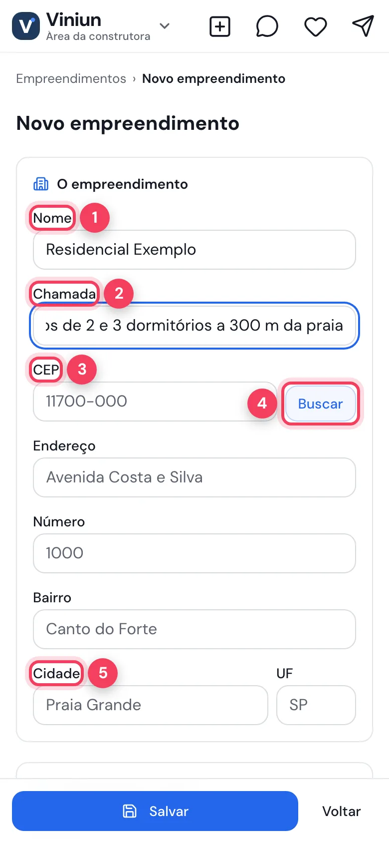 Cadastro do empreendimento no celular