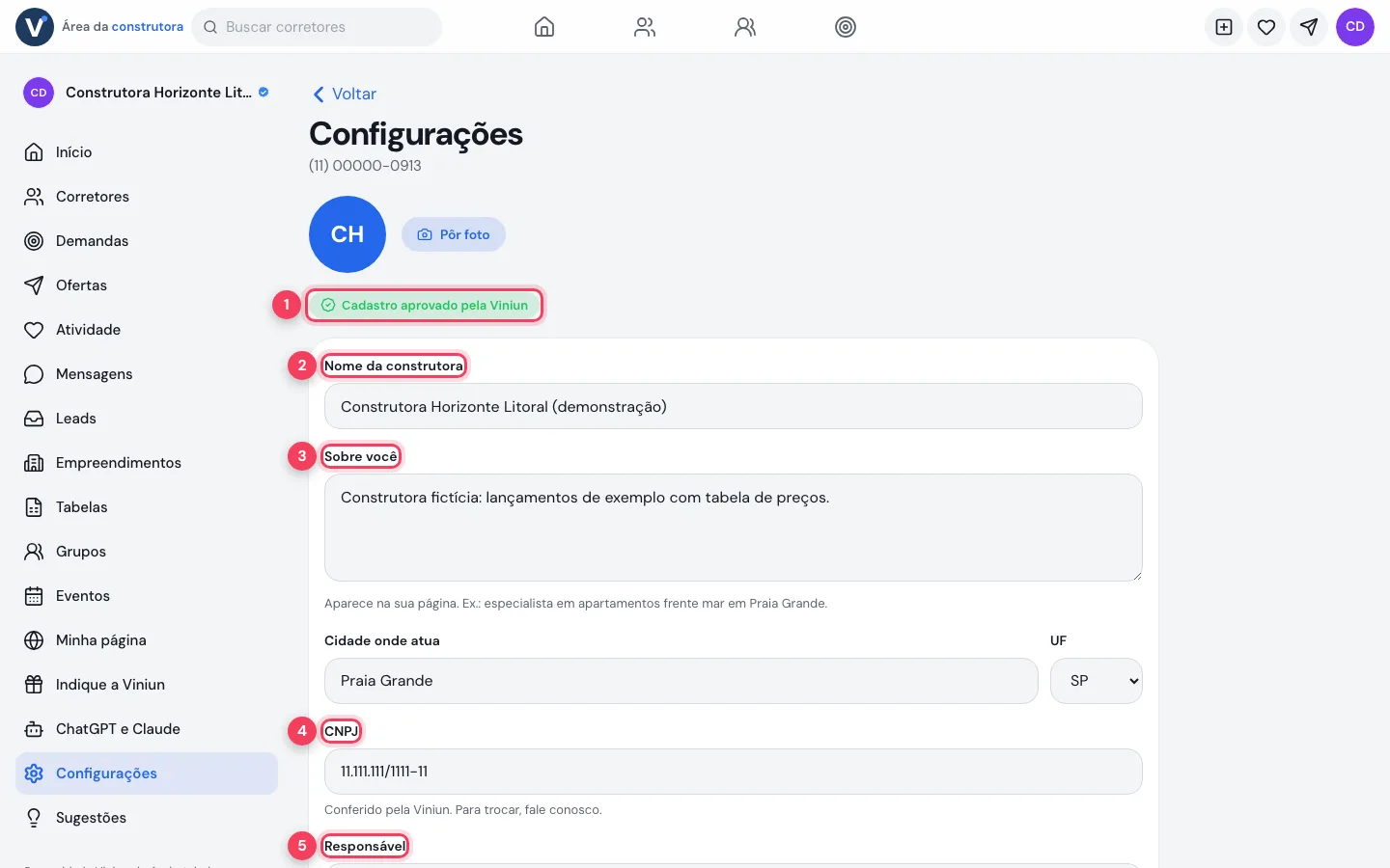 Configurações da construtora no computador
