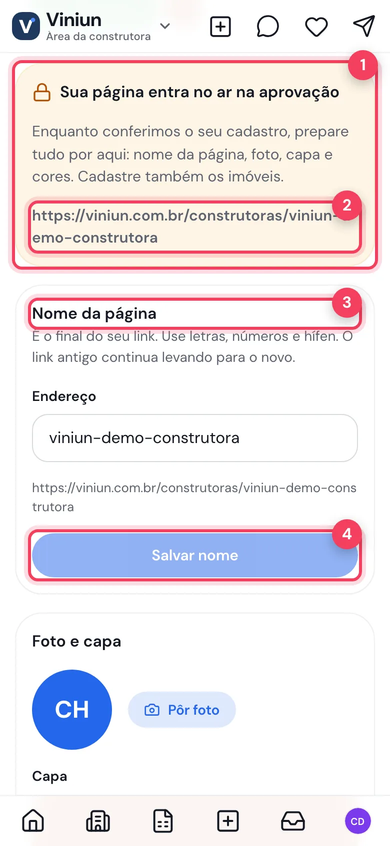 Minha página da construtora no celular