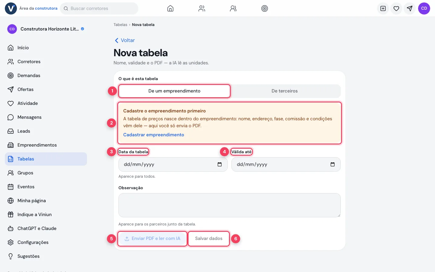 Formulário Nova tabela com Enviar PDF e ler com IA