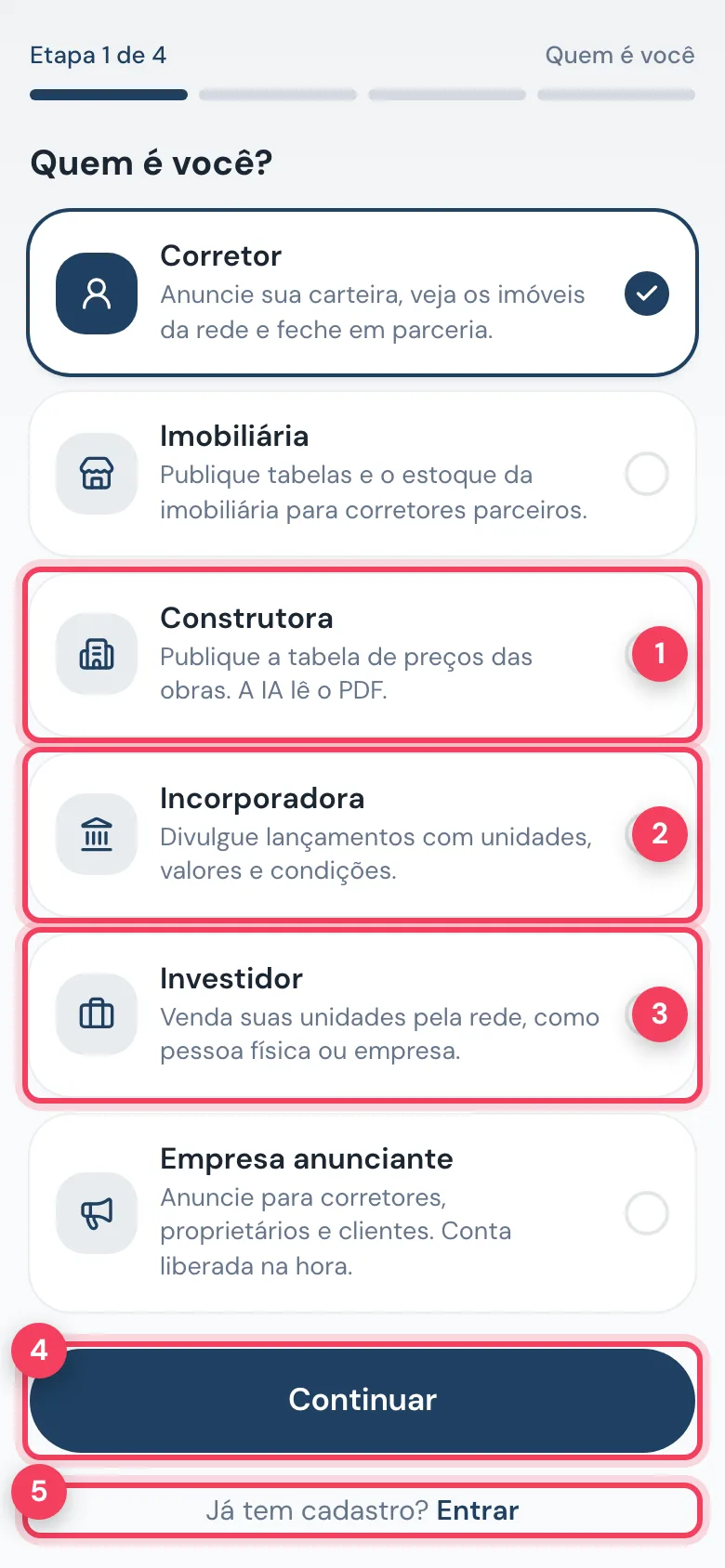 Cadastro de construtora no celular