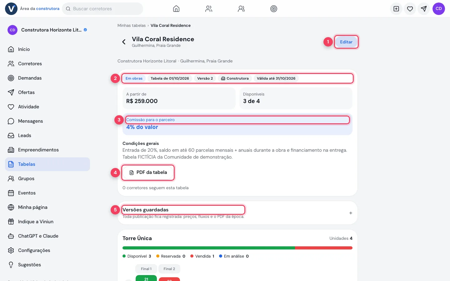 Tabela publicada com versão, validade e comissão
