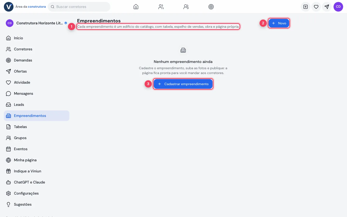 Lista de empreendimentos vazia com o botão Cadastrar empreendimento
