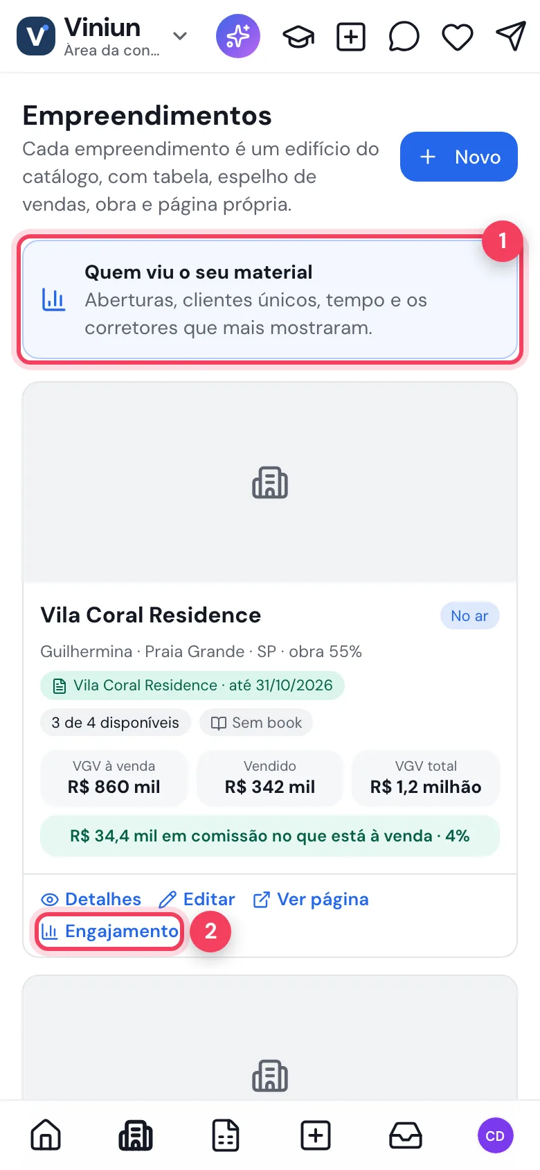 Tela Empreendimentos no celular com o cartão Quem viu o seu material e o link Engajamento no empreendimento